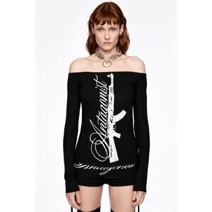 Black Off-Shoulder Graphic Top